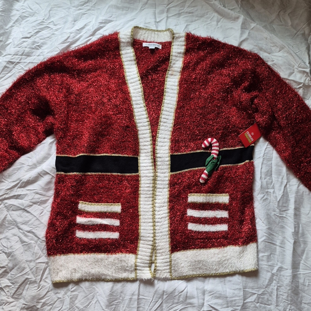 Kohl's Red and White Santa Cardigan- L